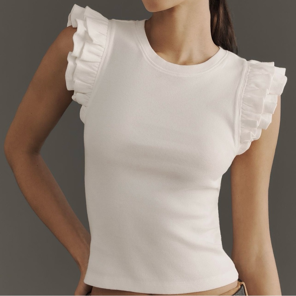 Anthropologie Elegant White Ruffle Sleeve Top